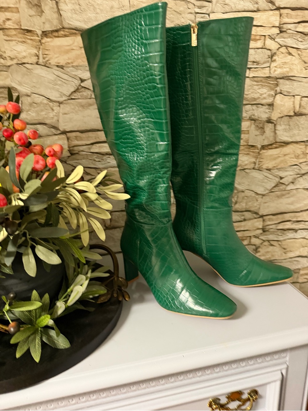 New York & Company Emerald Green Croc-Embossed Knee-High Boots